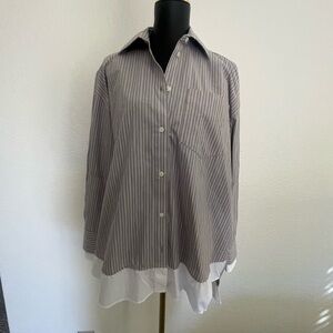 Zara Gray Pinstripe Layered Hem Button-Down Blouse